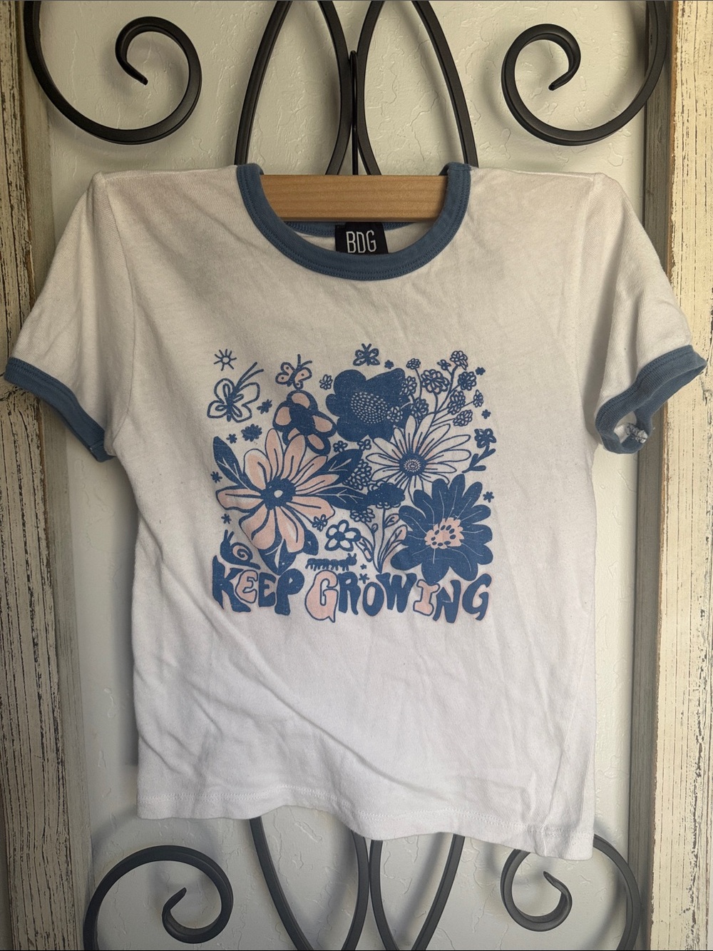 BDG White Ringer Tee with Blue & Pink Floral Graphic | Large